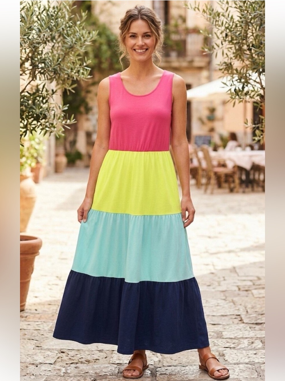 Land’s End Tiered Sleeveless Colorblock Maxi Dress - Pink/Yellow/Blue